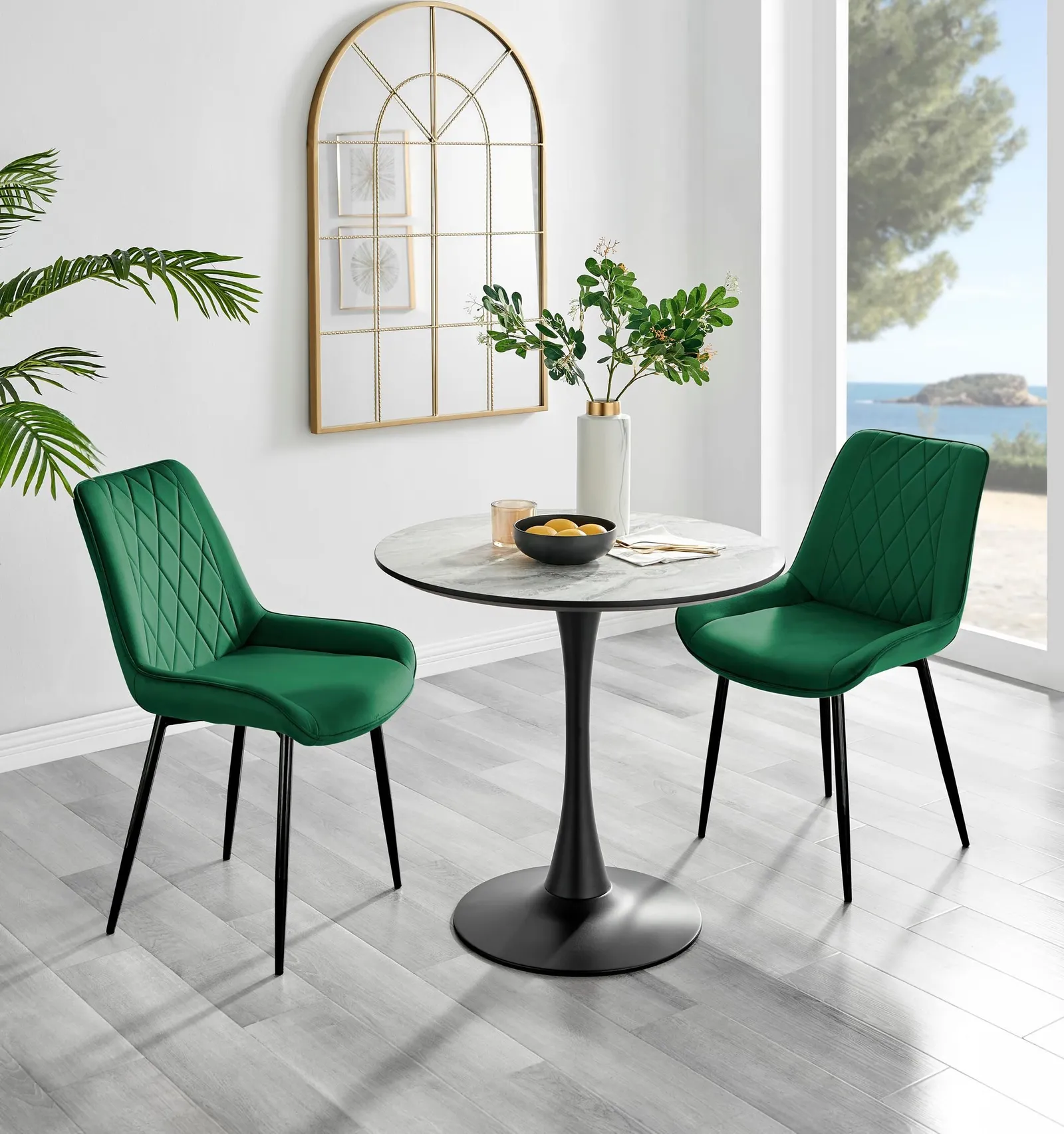 FurnitureboxUK Elina White Marble Effect Scratch Resistant Dining Table & 2 Pesaro Black Leg Velvet Chairs in Green