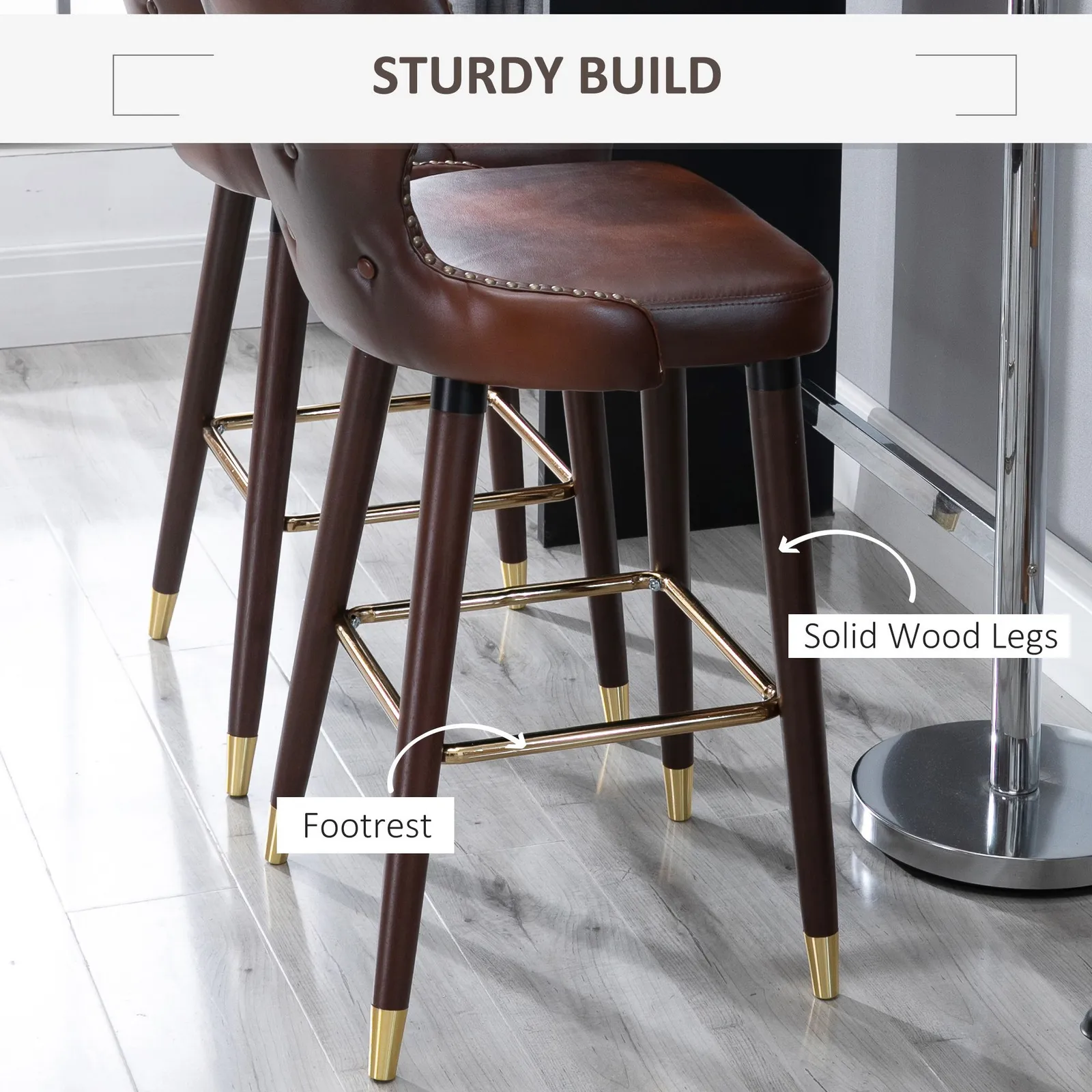 HOMCOM Bar Stools Set of 2, Dining Stools with Backrest, Footrest in Brown 6