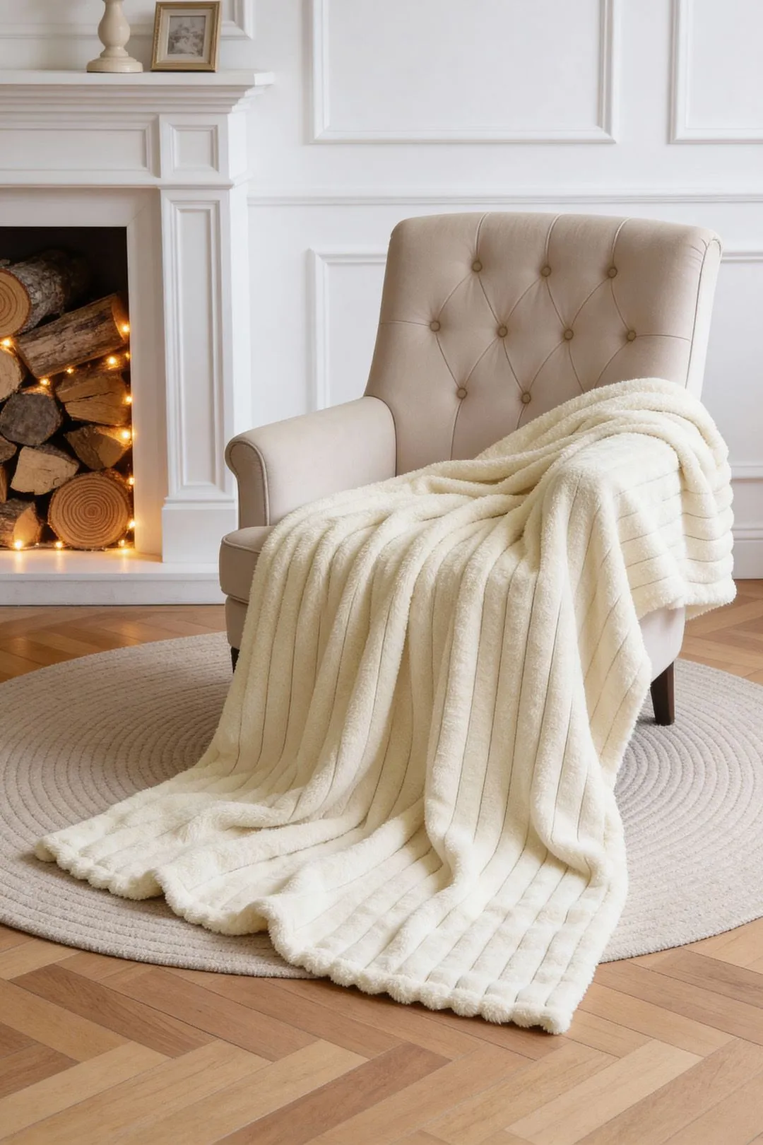 Living and Home Reversible Fluffy Striped Throw Blanket in Beige