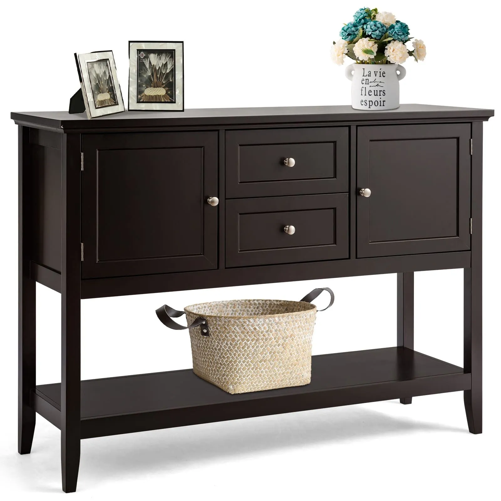 Costway Console Sofa Table Narrow Entryway Table W/ 2 Drawers & 2 Cabinets in Brown