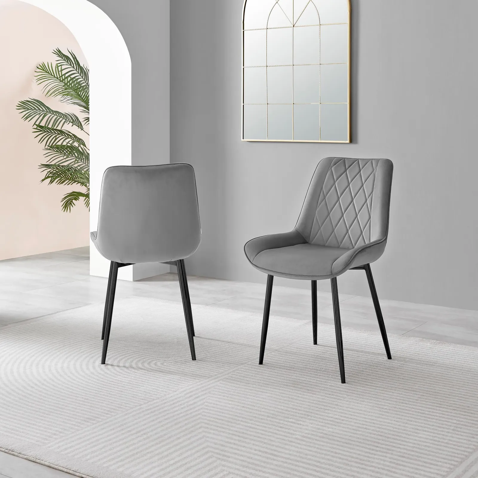 FurnitureboxUK Set of 2 Pesaro Luxury Velvet Dining Chairs With Diamond Stitched Back & Black Metal Legs in Grey 3