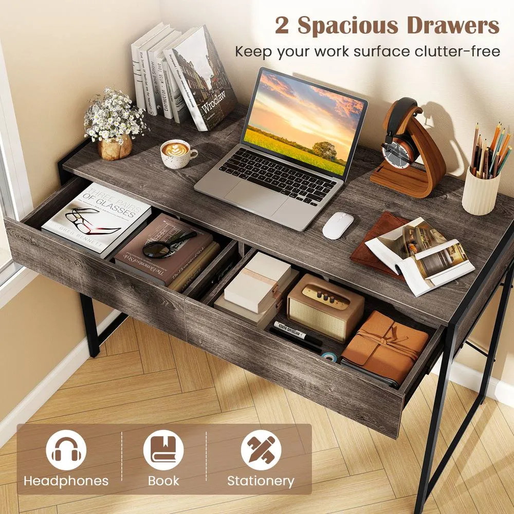 Costway Computer Desk Compact Writing Desk with 2 Drawers in Grey 6