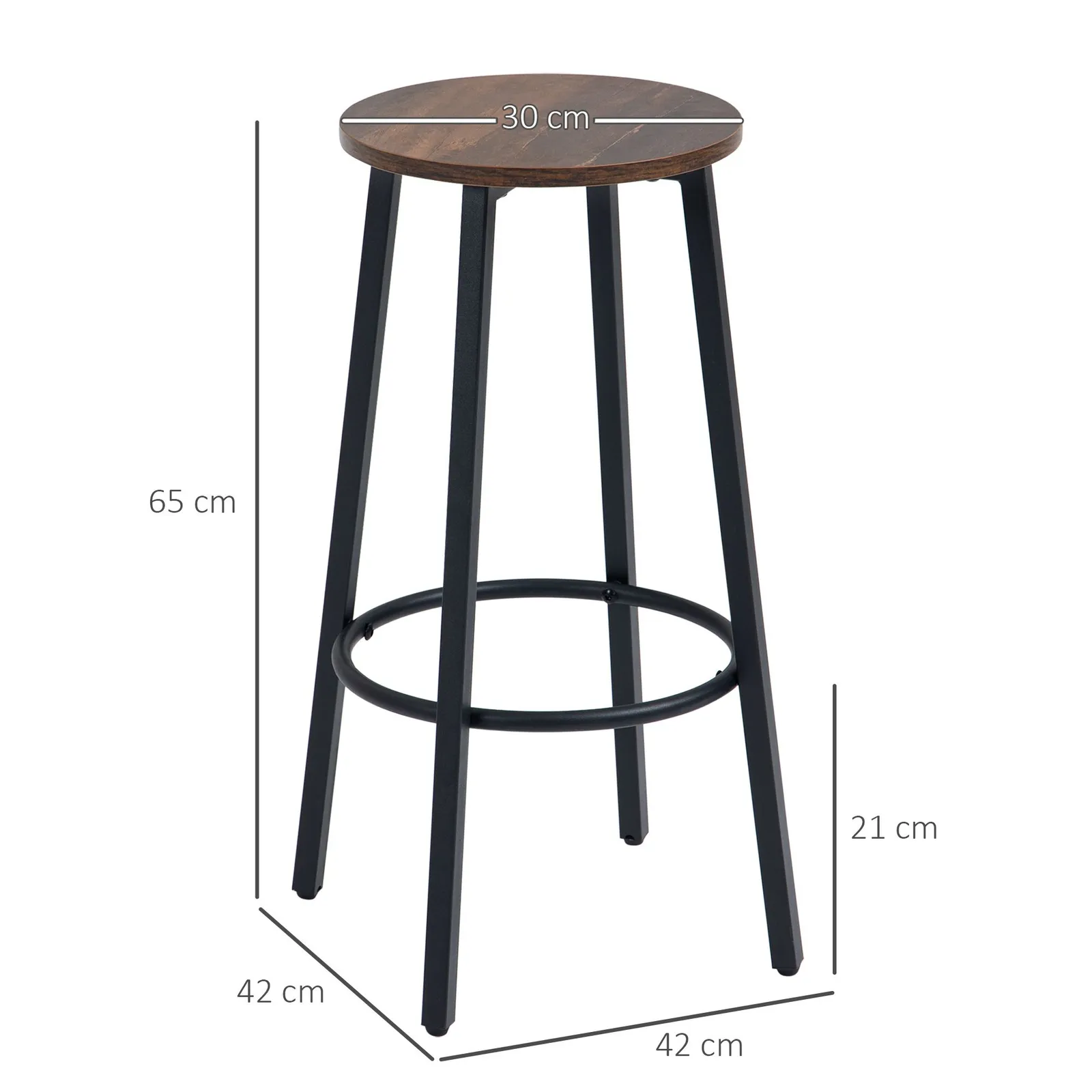 HOMCOM Industrial Bar Stools Set of 2 Breakfast Bar Stools with Footrest in Brown 3