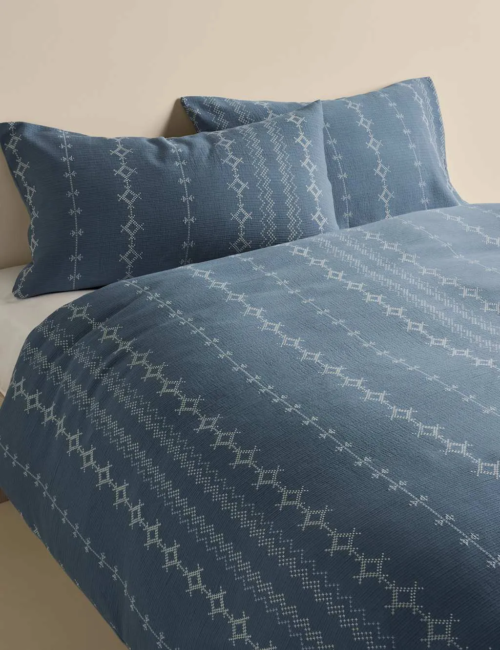 M&S Pure Cotton Cross-Stitch Jacquard Bedding Set Slate Blue