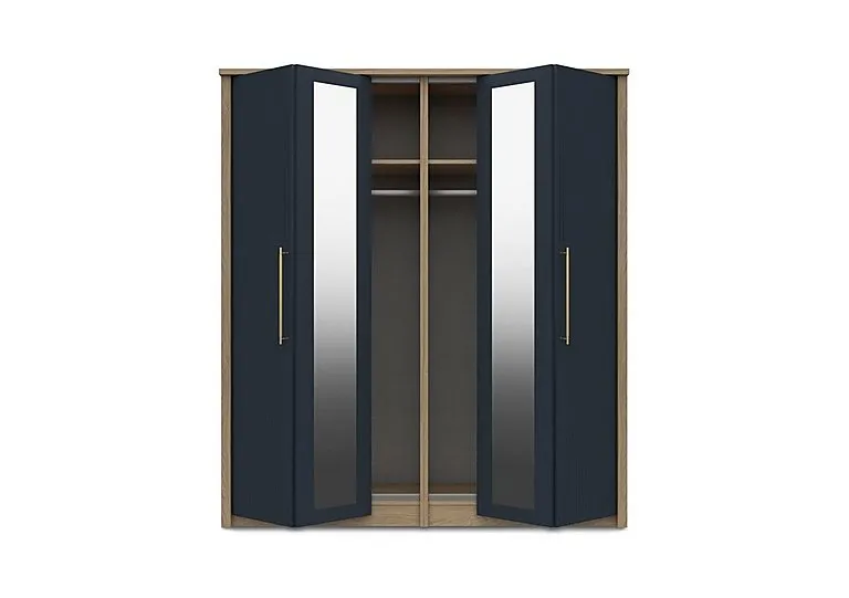 Chelsea 4 Door Bifold Wardrobe with 2 Mirror Doors and Gold Handles - Royal Blue