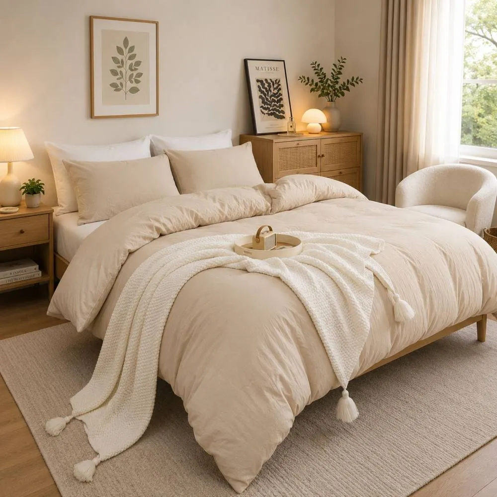 Grace Prewashed Microfibre Duvet Cover Set Soft Lightweight Zipper Closure in Beige
