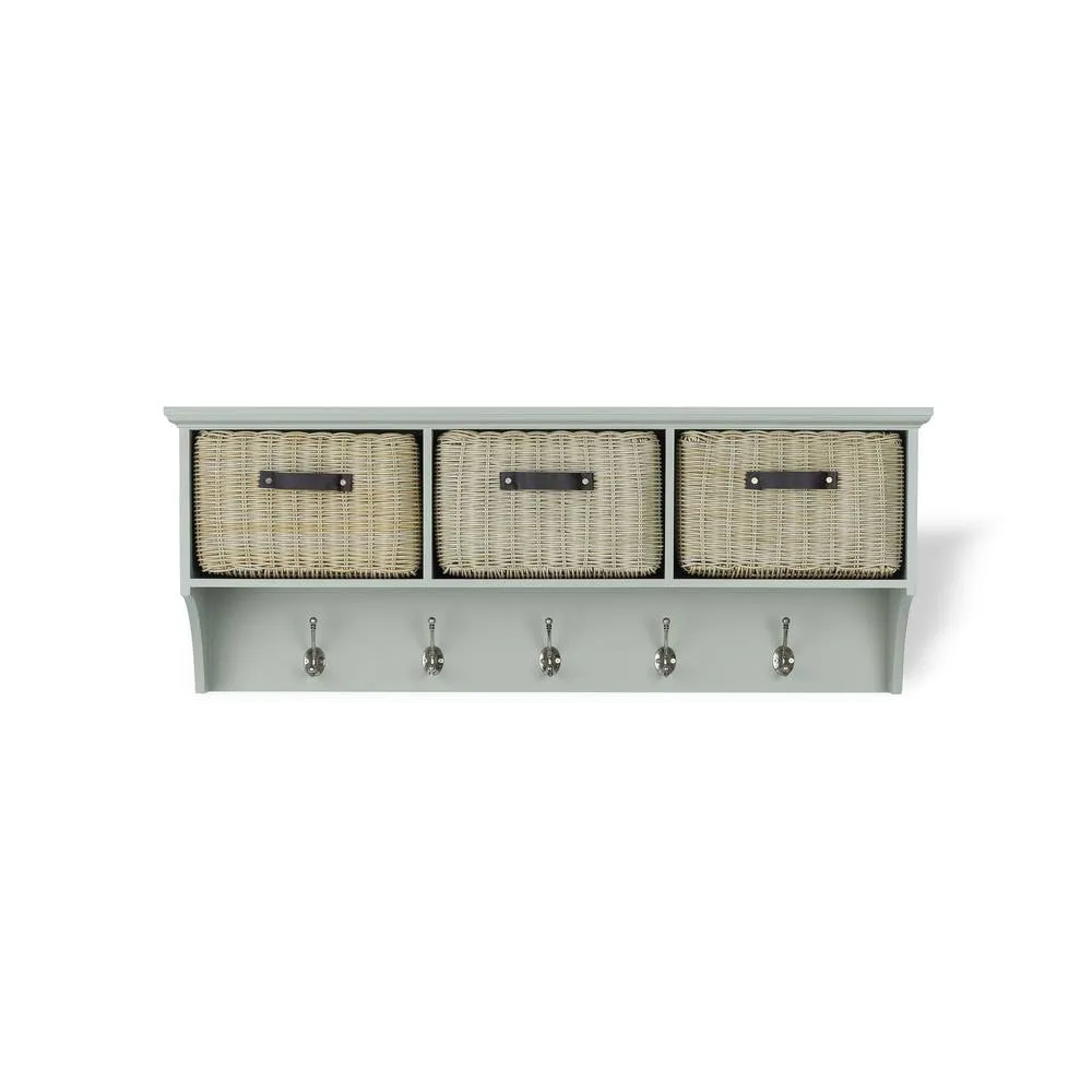 Statement Furniture Tetbury Large Coat Rack Hanging Shelf with 3 Brown Storage Baskets in Light Green 2