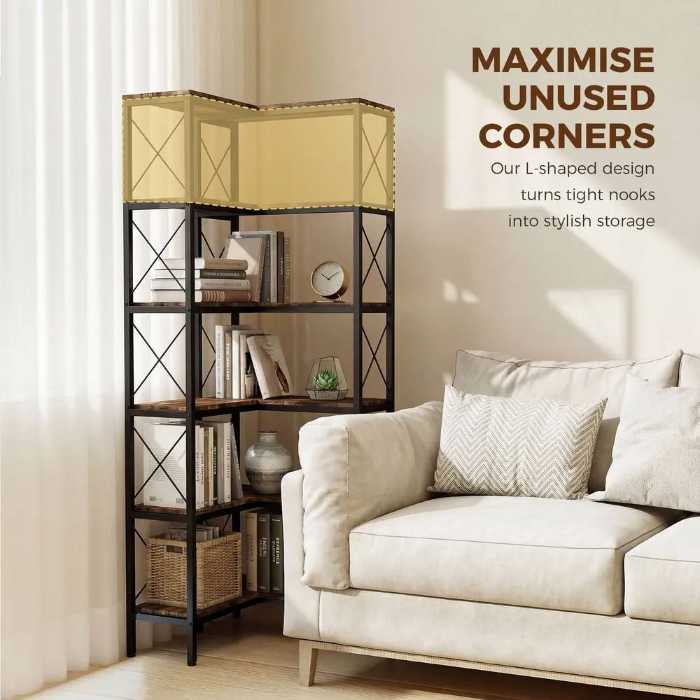 HOMCOM L-Shaped Bookshelf, 5-Tier Bookcase with Metal Frame, Rustic Brown 4