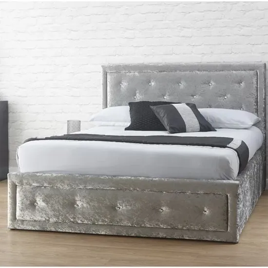 Hollywood Crushed Velvet Ottoman King Size Bed In Silver