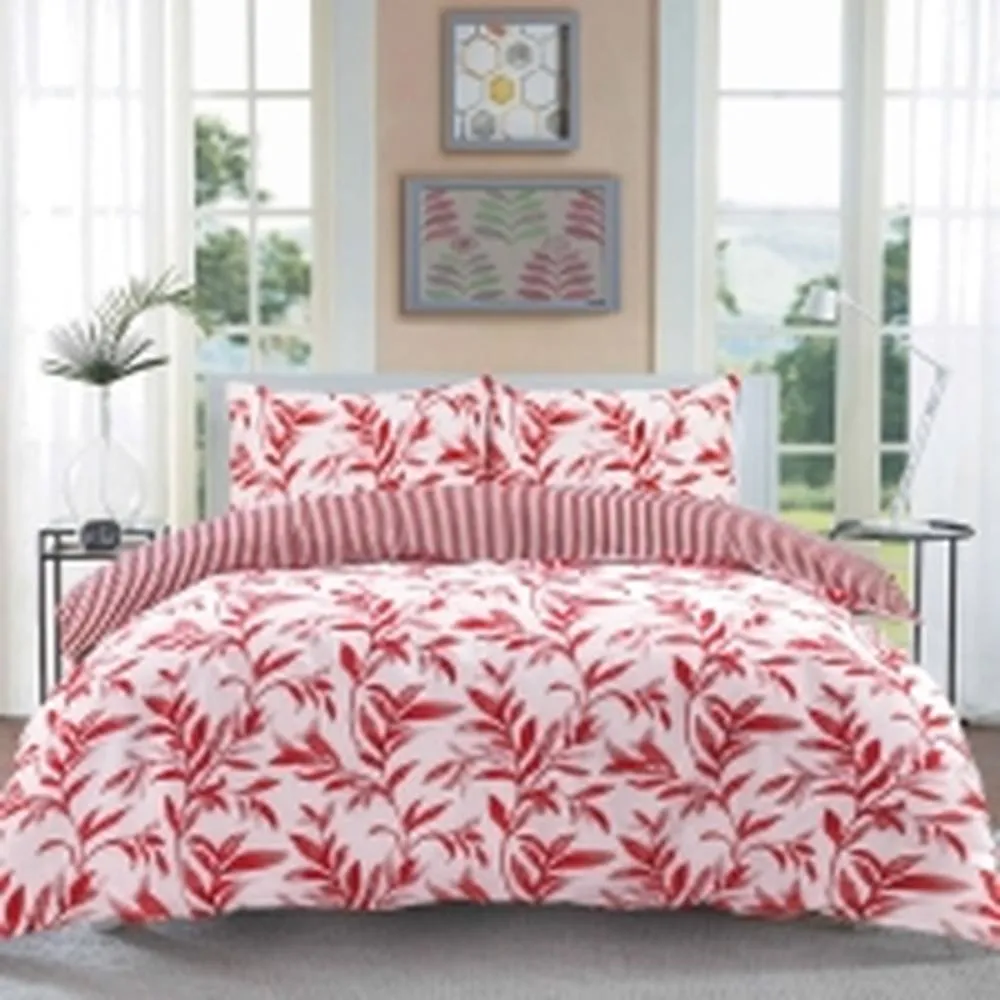 Homes-Linen Ellie Leaf Reversible Floral Duvet Cover Set Easy Care in Red