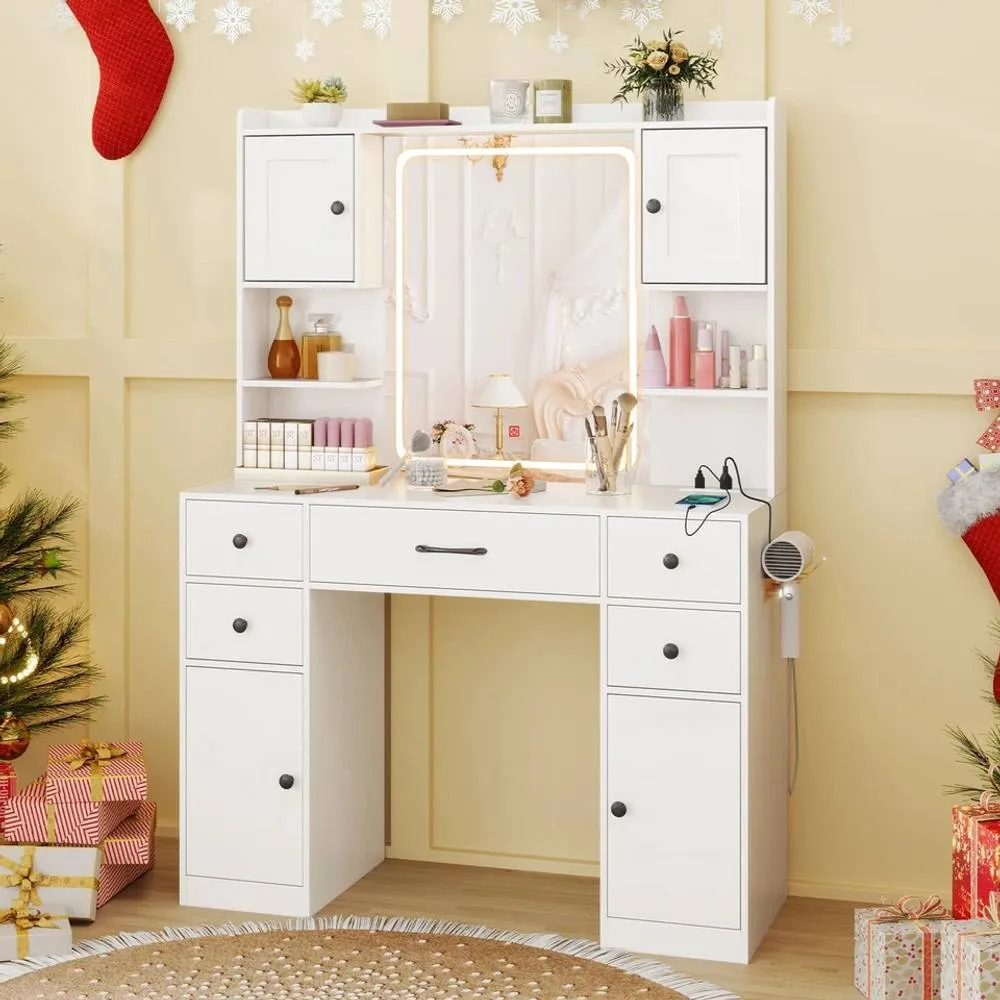 Costway Makeup Vanity Desk Dressing Table w/Charging Station& Mirror in White 4