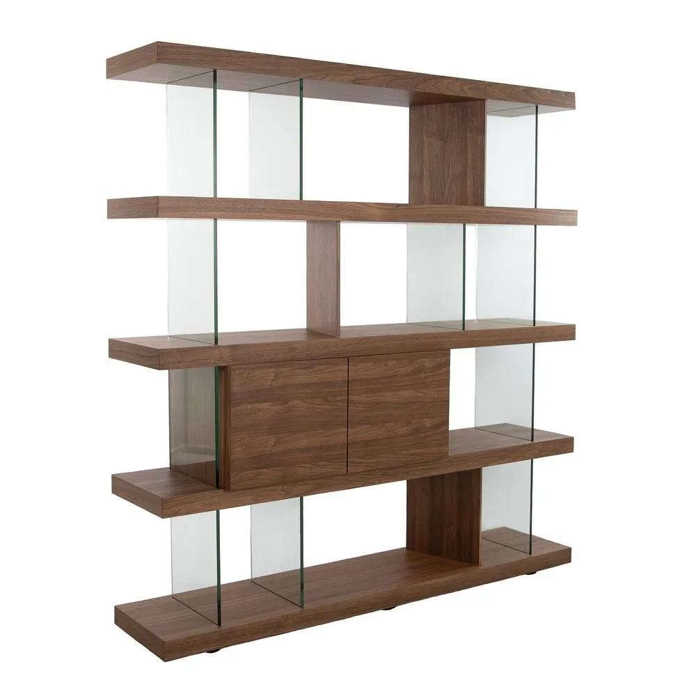 Angel Cerda Walnut Veneer Bookcase with Tempered Glass Sides in Brown
