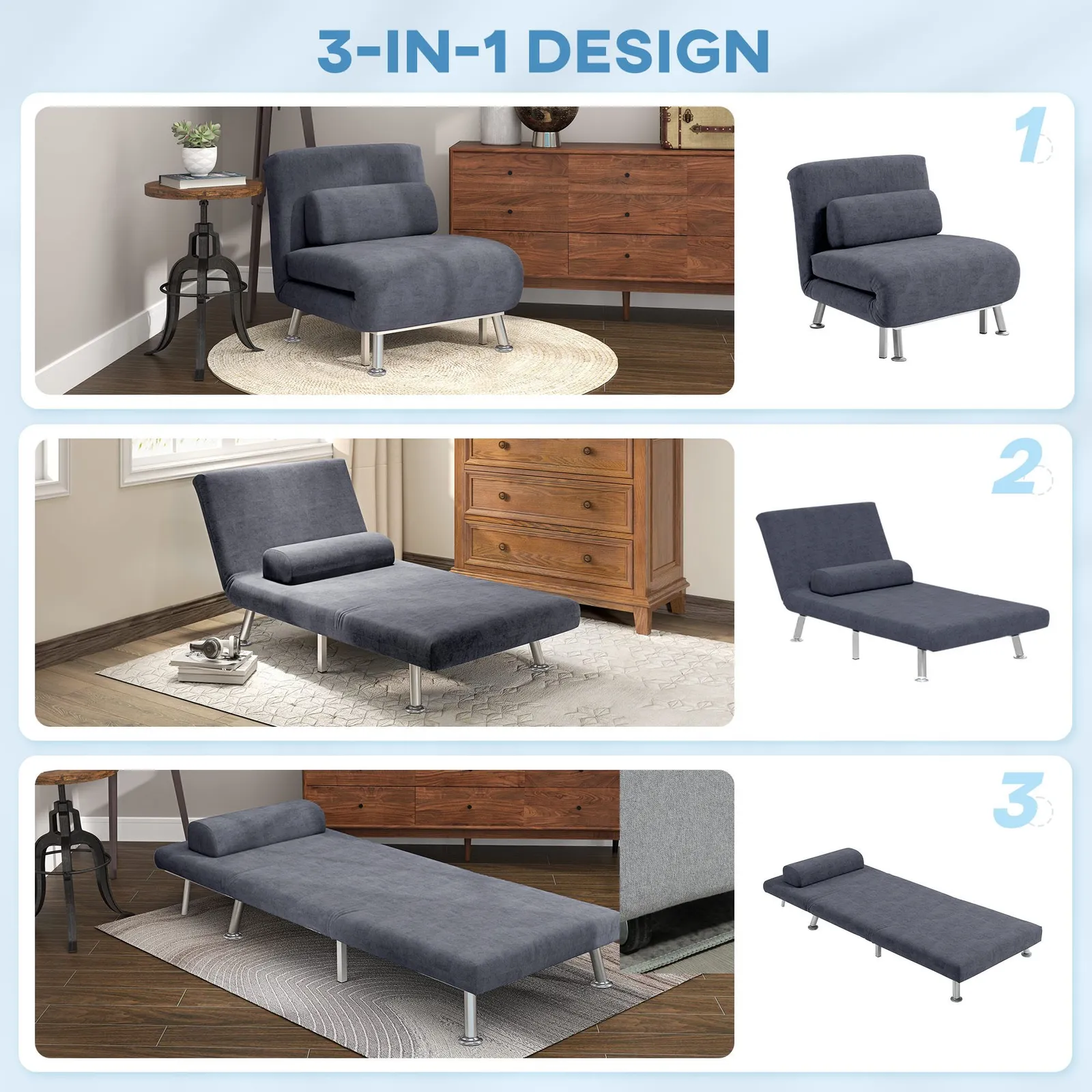 HOMCOM Folding 5 Position Convertible Sleeper Chair Charcoal Grey 4