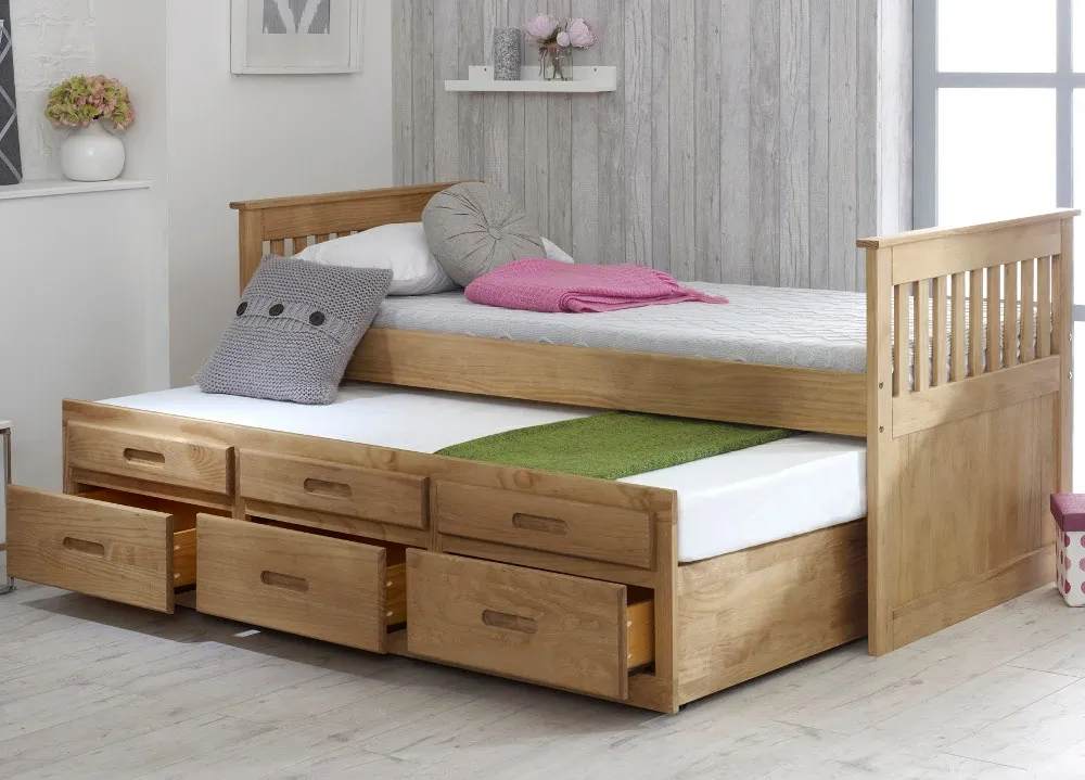 Captains - Single - High Foot-End Guest Bed - Storage and Underbed Trundle - Waxed Pine - Wooden - 3ft - Happy Beds 1