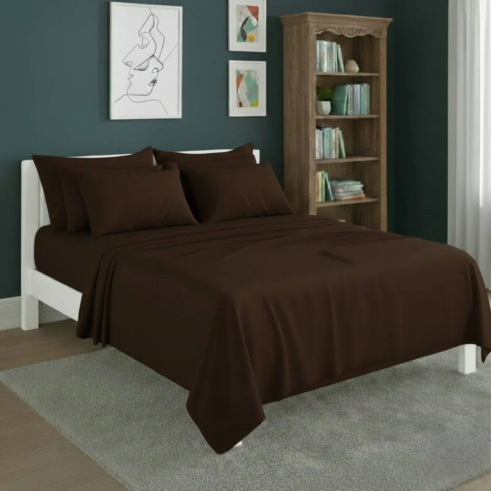 Snug City Plain Poly Cotton Easy Care Fitted Flat Sheet Matching Pillowcases Set in Brown