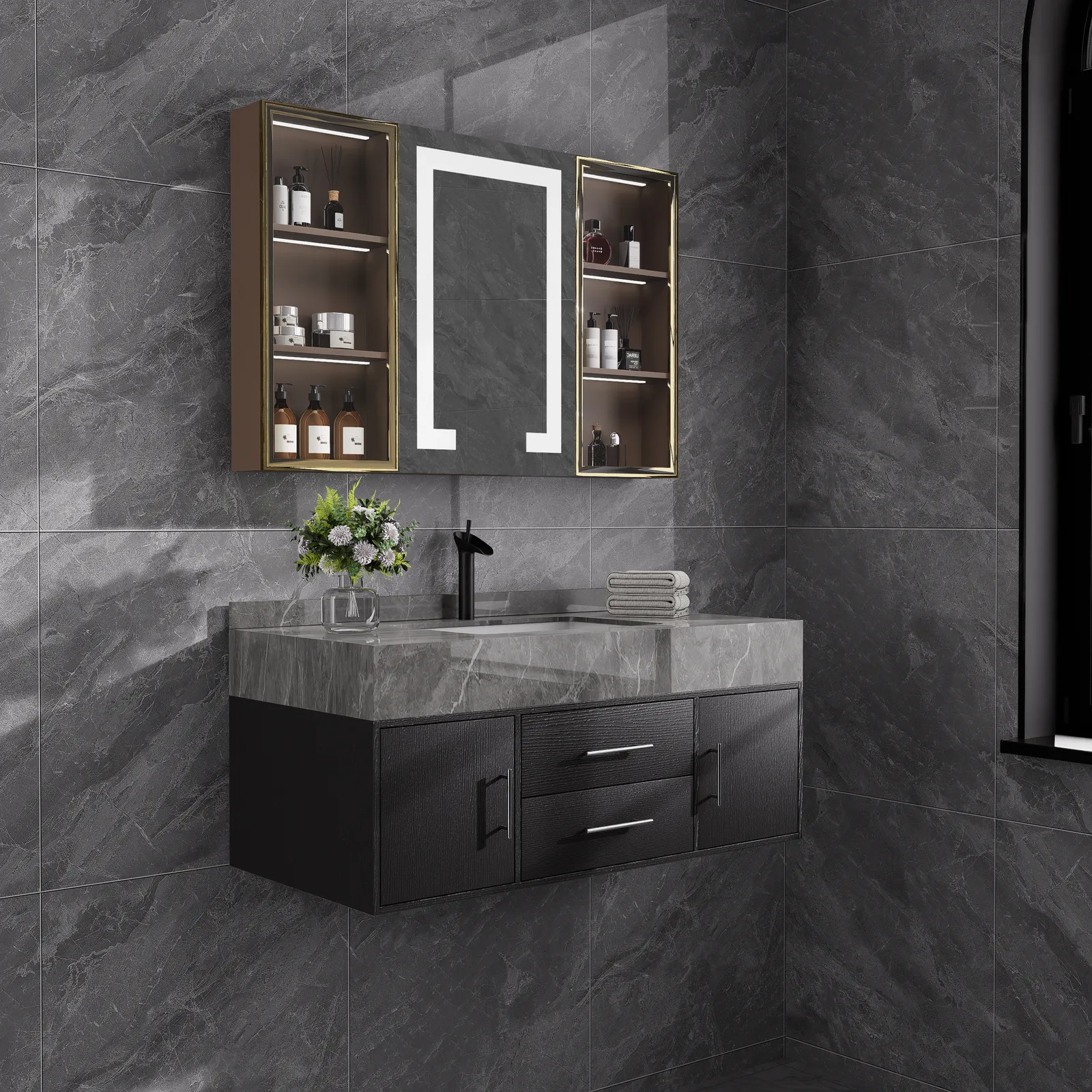 1000mm Floating Ceramic Sink & Stone Top in Black & Bathroom Cabinet Vanity