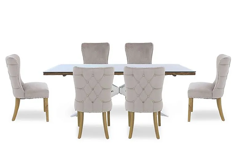 Kiara Large Rectangular Dining Table with Chrome Legs and 6 Luxe Fabric Chairs