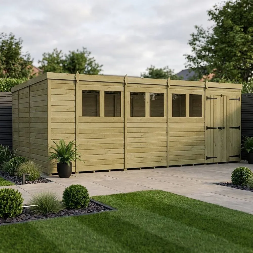Buttercup Farm 18ft x 9ft Pent Garden Shed Double Door With Windows - Timber in Brown 2