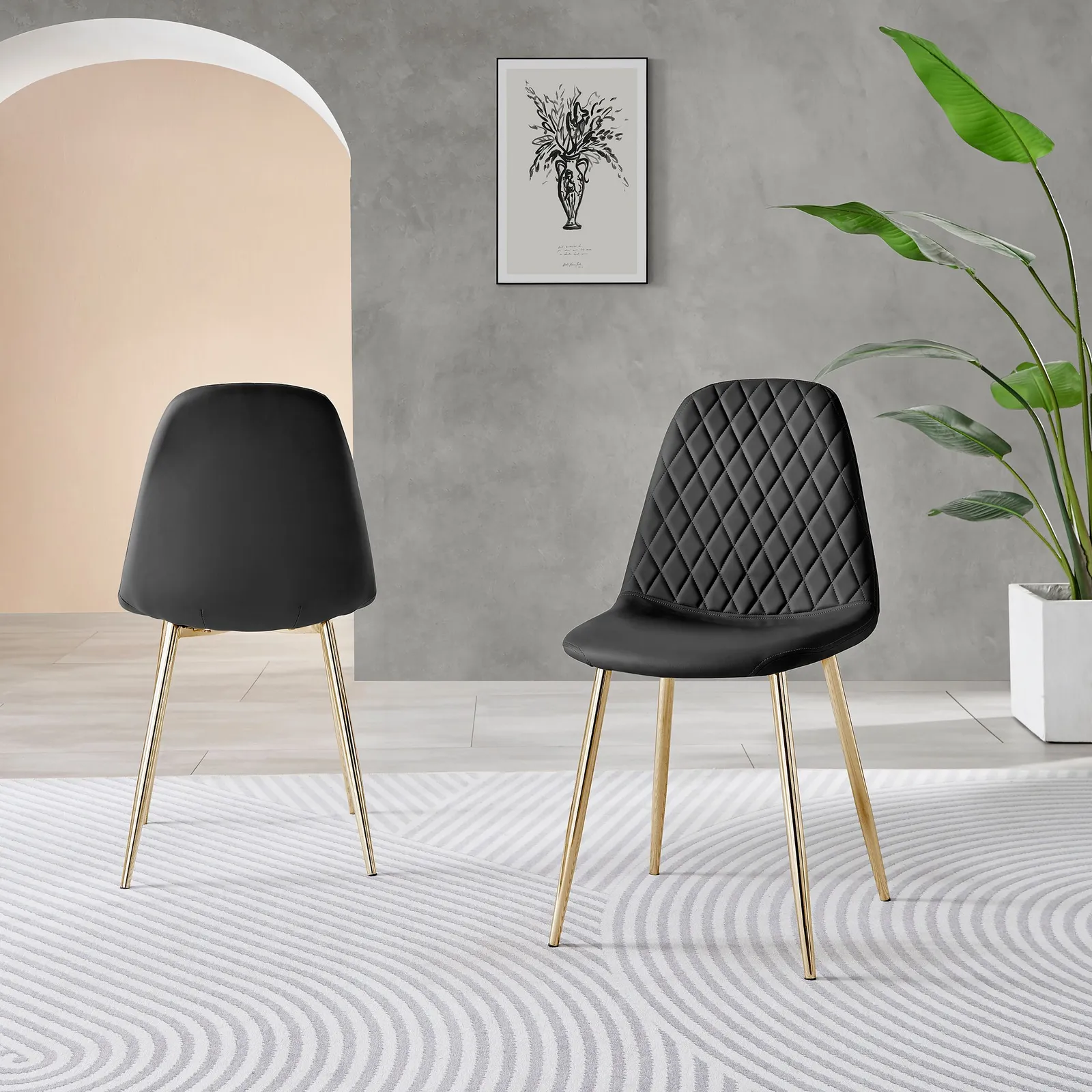 FurnitureboxUK 2x Corona Gold Leg Faux Leather Dining Chair in Black 3