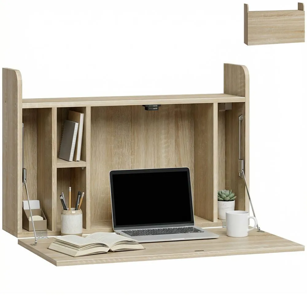 HOMCOM Wall Mounted Table w/ Space Saving Storage Compartments in Light Oak 2
