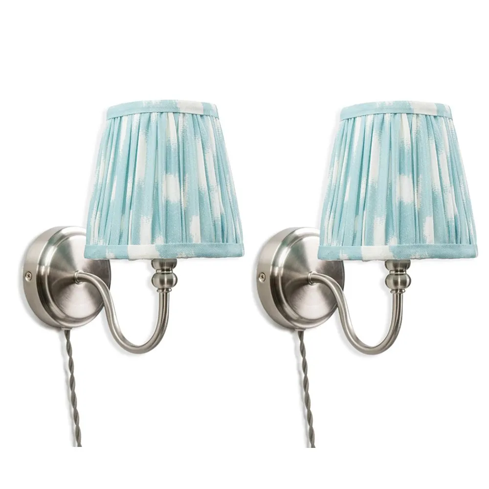 ValueLights Pair of - Plug in Brushed Chrome Easy Fit Wall Lights with Blue Pleated Fabric Tapered Lampshade 2