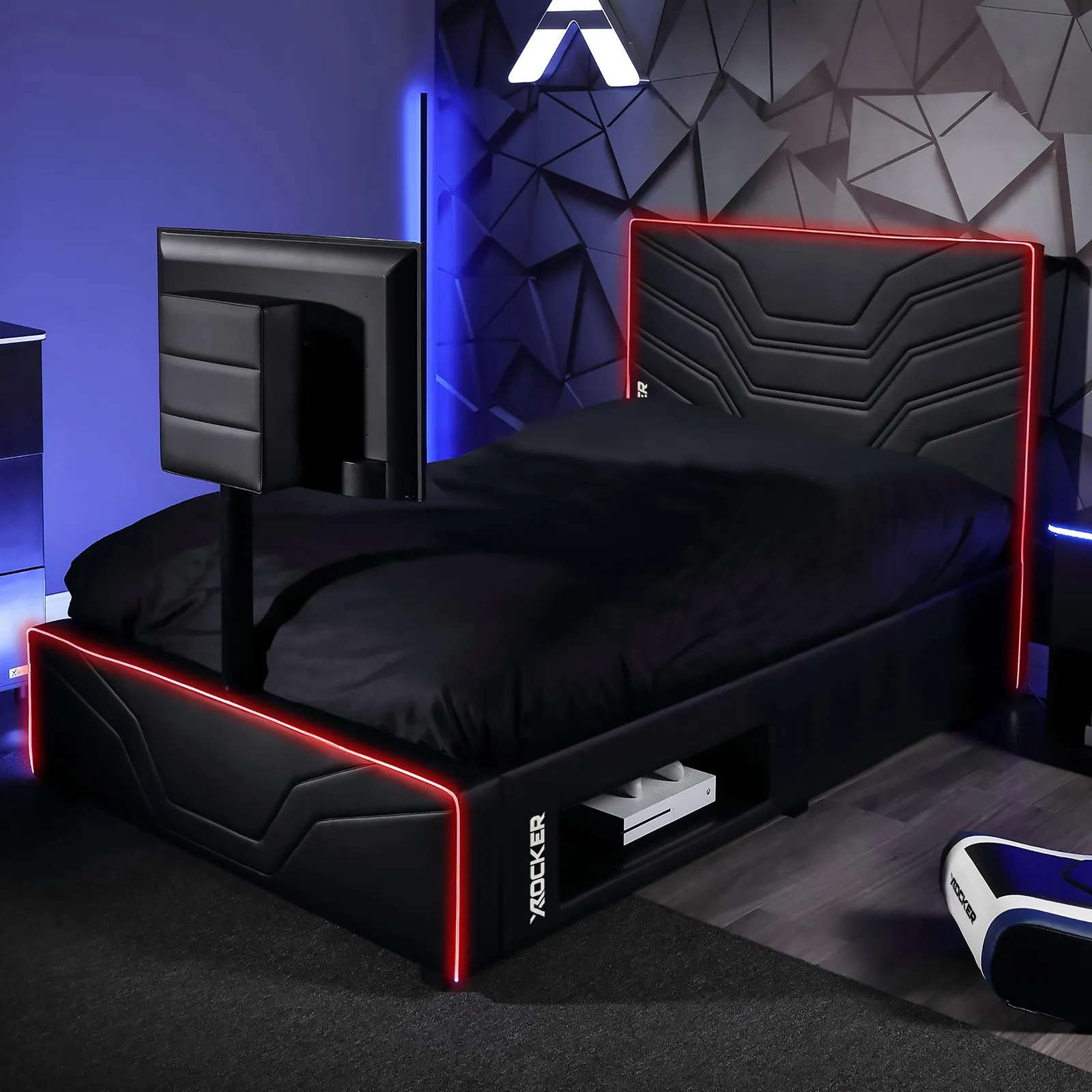 X Rocker Oracle TV Bed with LED Lighting, Underbed Media Storage & Mattress in Black