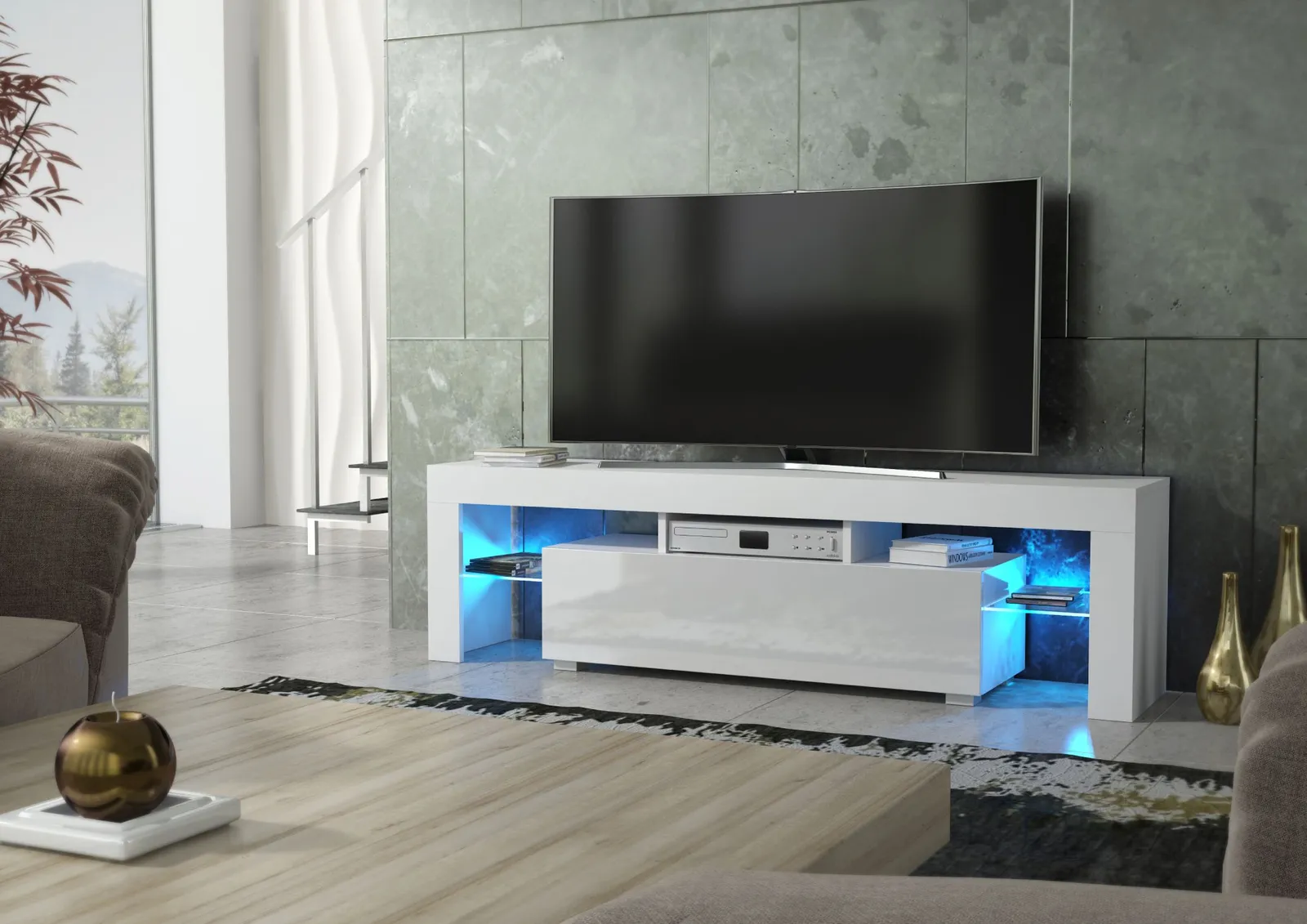 Creative Furniture Aria TV Unit 160cm White with High Gloss Doors & LED Lights 6
