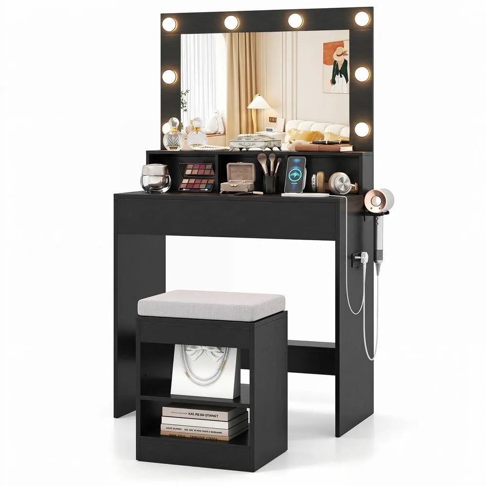 Costway Makeup Vanity Desk Set w/Mirror &Lights Dressing Table w/Stool &Drawer in Black