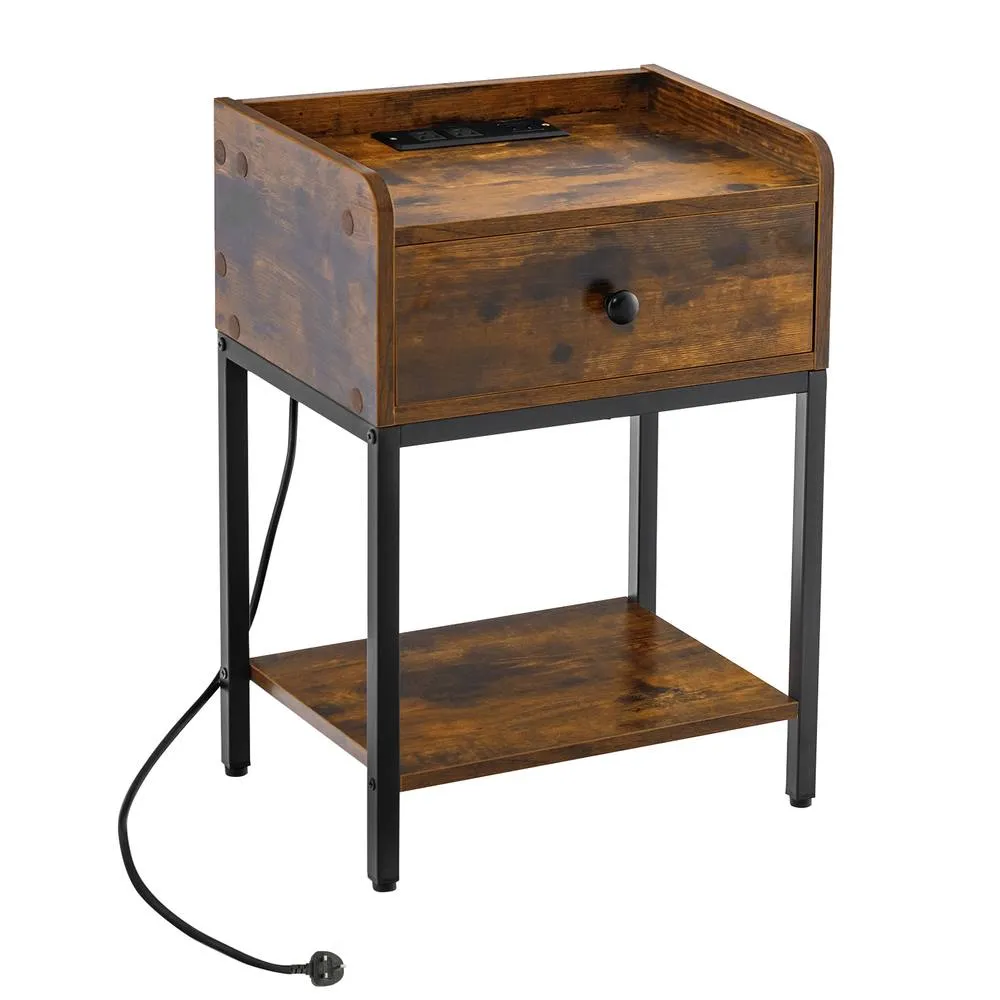 Costway Nightstand w/Charging Station Industrial Bedside Table w/USB Ports in Brown