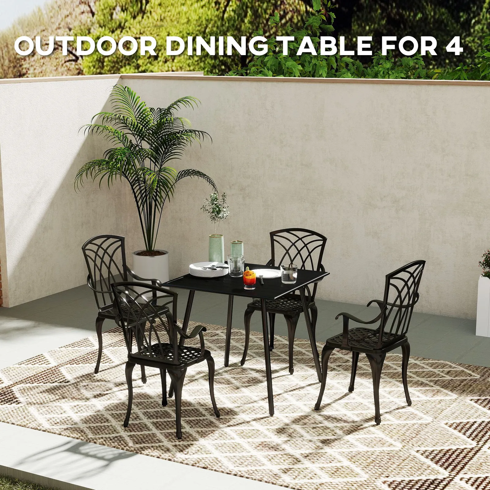 OUTSUNNY Garden Table for 4 Person with Slat Top, Steel Frame, Black 4