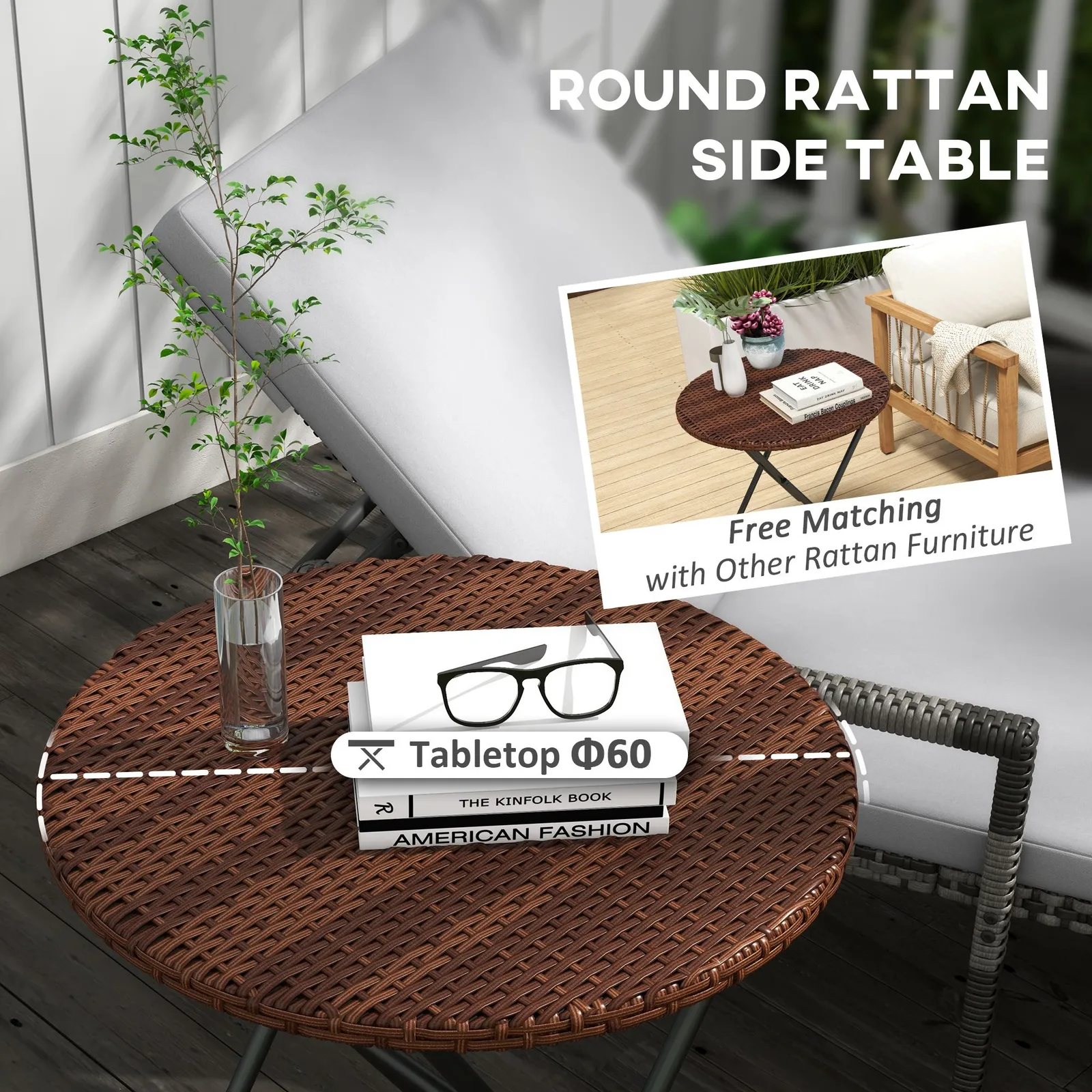 OUTSUNNY Foldable Outdoor Coffee Table, Metal Frame PE Rattan Side Table, Mixed Brown 4