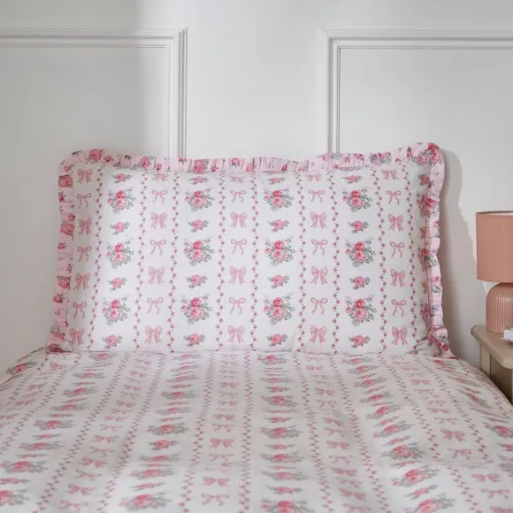 Vintage Floral Frill 100% Cotton Duvet Cover and Pillowcase Set 4