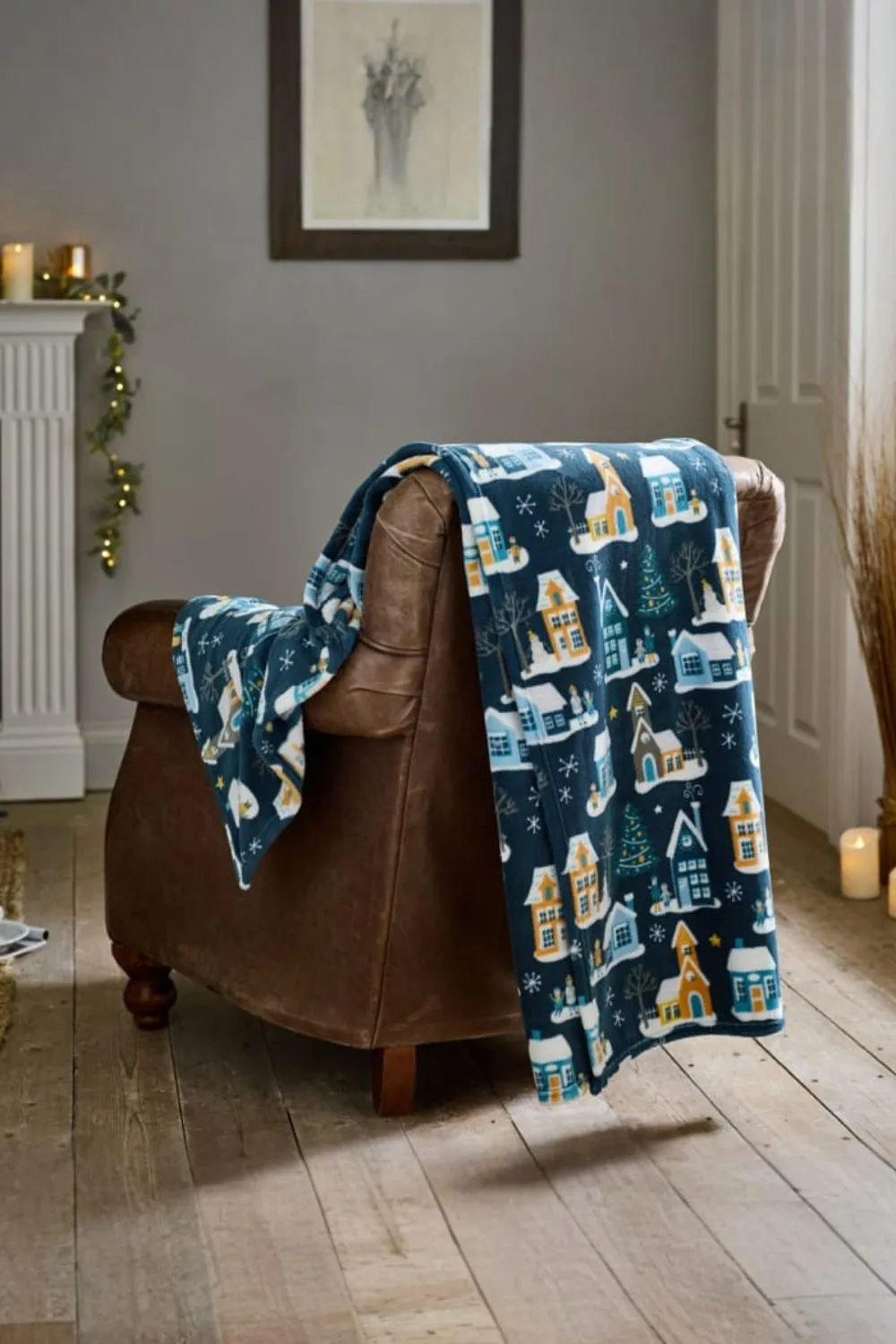 Deyongs Festive Village Fleece Throw - 140 x 180cm Soft Winter Blanket with Snowy House Print | 1846 in Navy