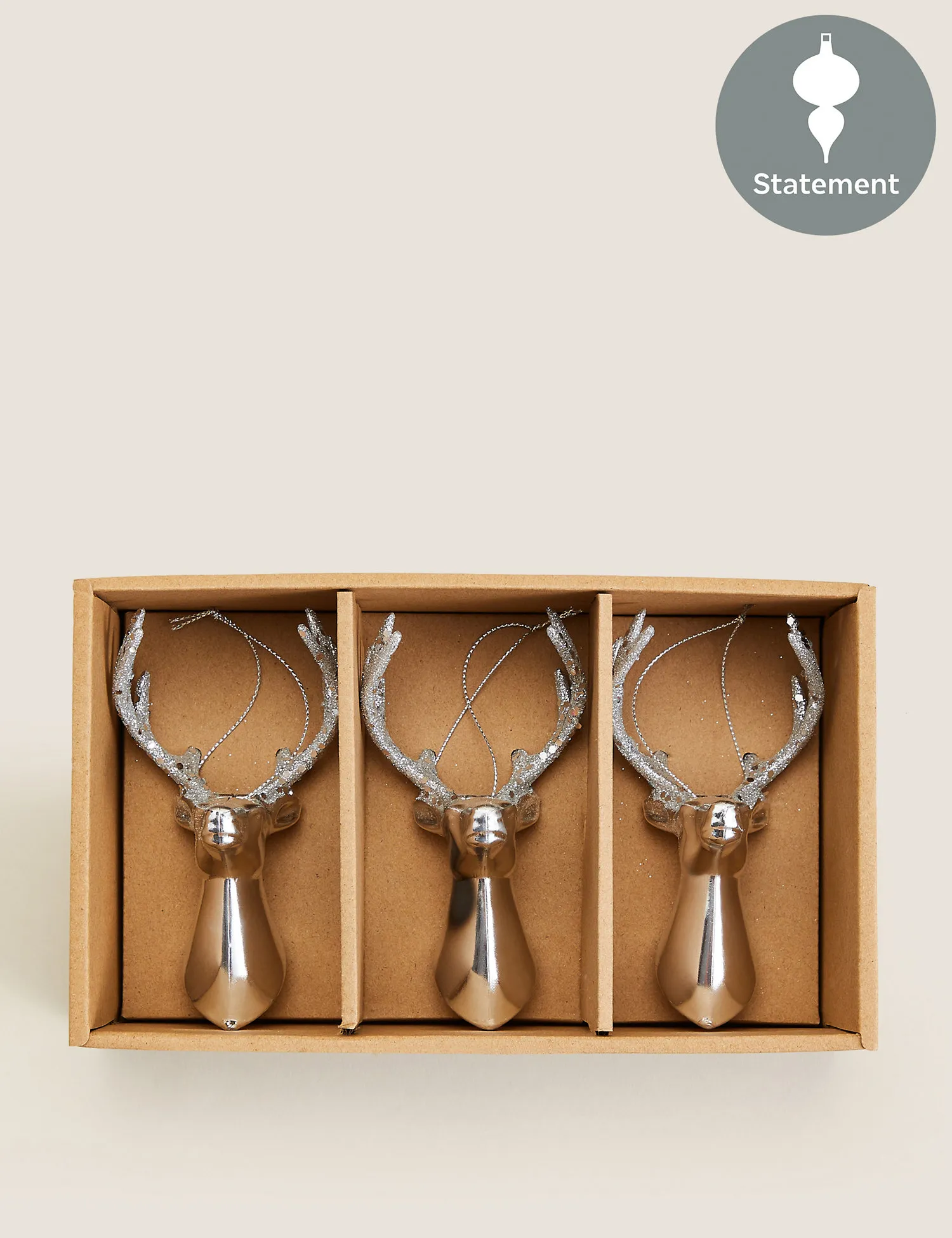 M&S 3 Pack Silver Luxury Reindeer Decorations, Silver