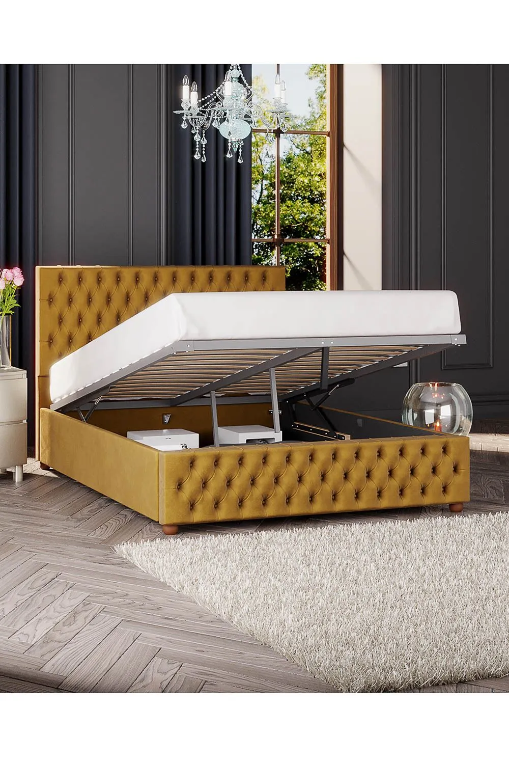 Laurence Llewelyn-Bowen Seren Ottoman Storage Bed in Plush Velvet Fabric, Custom Made in Mustard 2