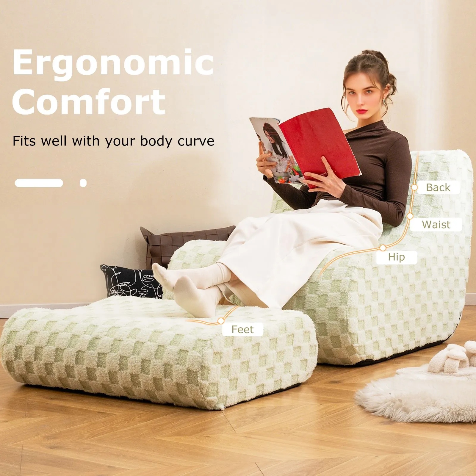 Costway Accent Bean Bag Chair w/ Ottoman Lazy Sofa Chair Set w/ Washable Cover in Beige 2
