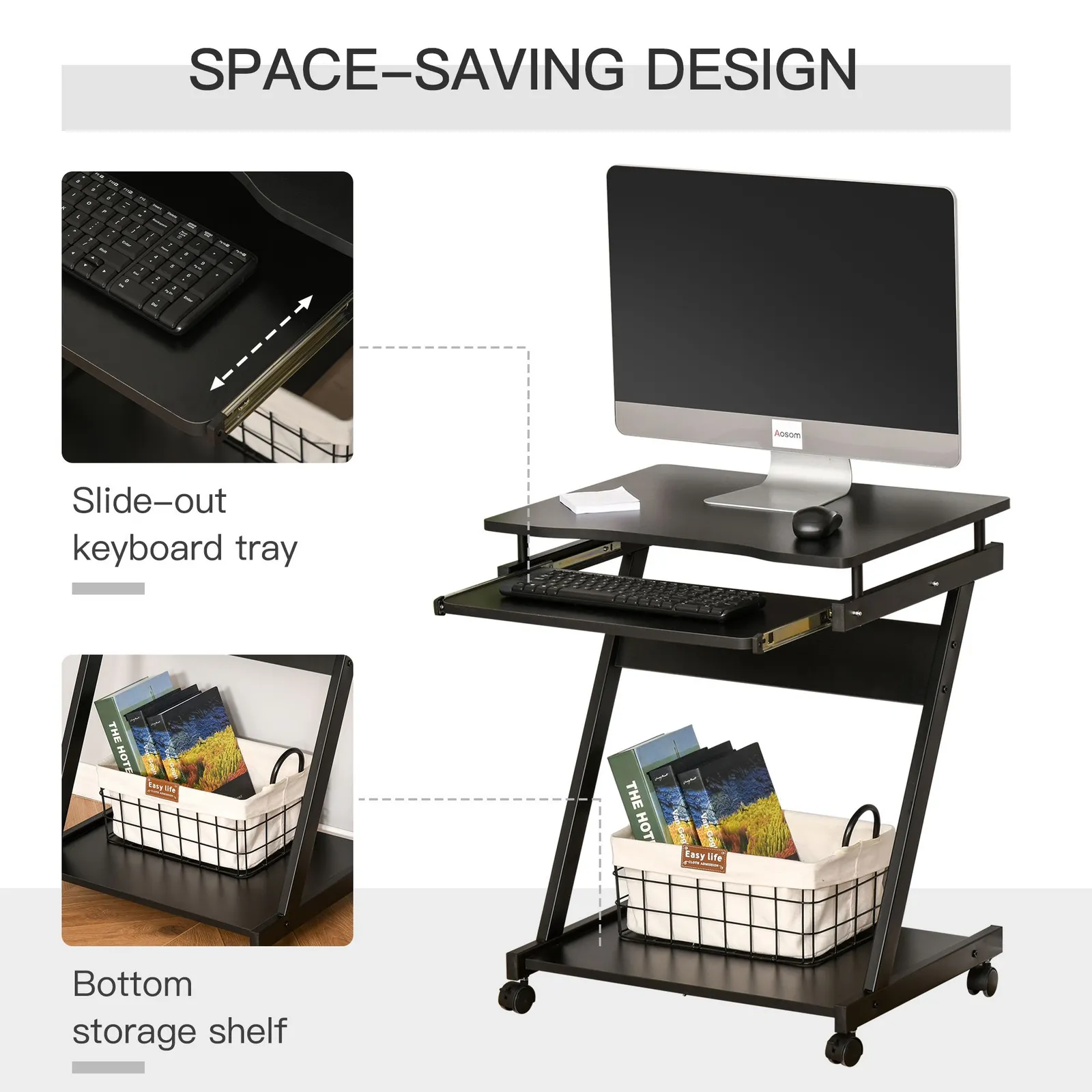 HOMCOM Movable Computer Desk with 4 Moving Wheels Sliding Keyboard Tray in Black 6