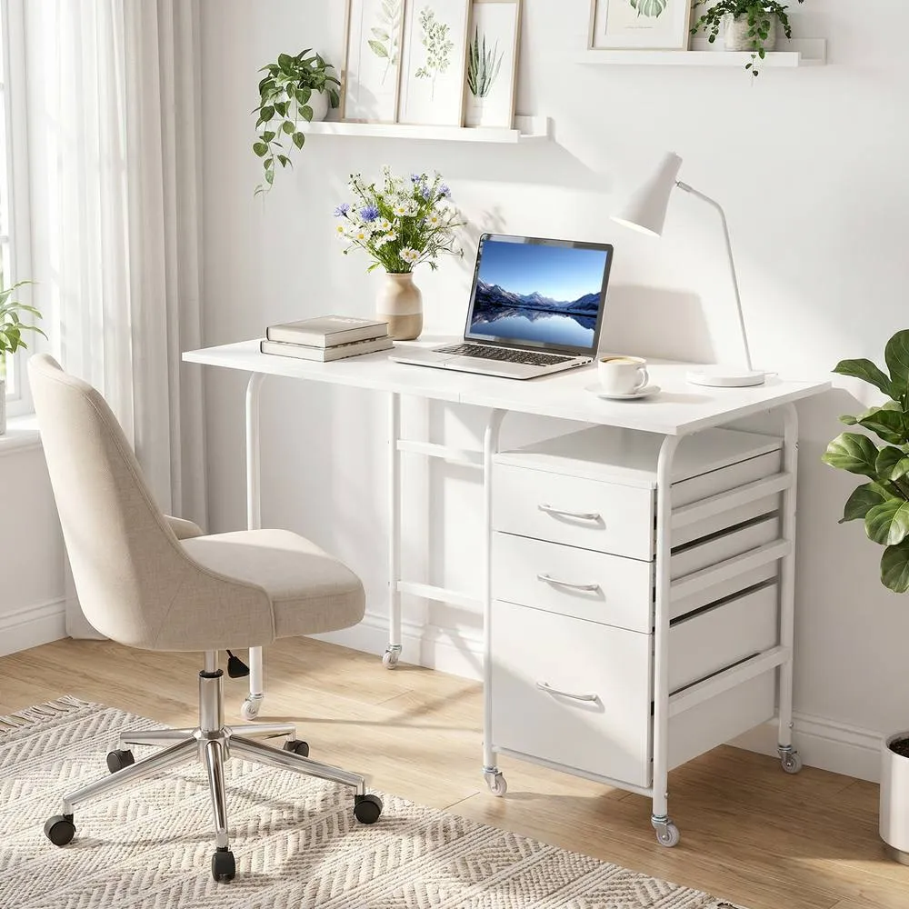 Costway Folding Desk with 3 Drawers Convertible Computer Desk in White 3