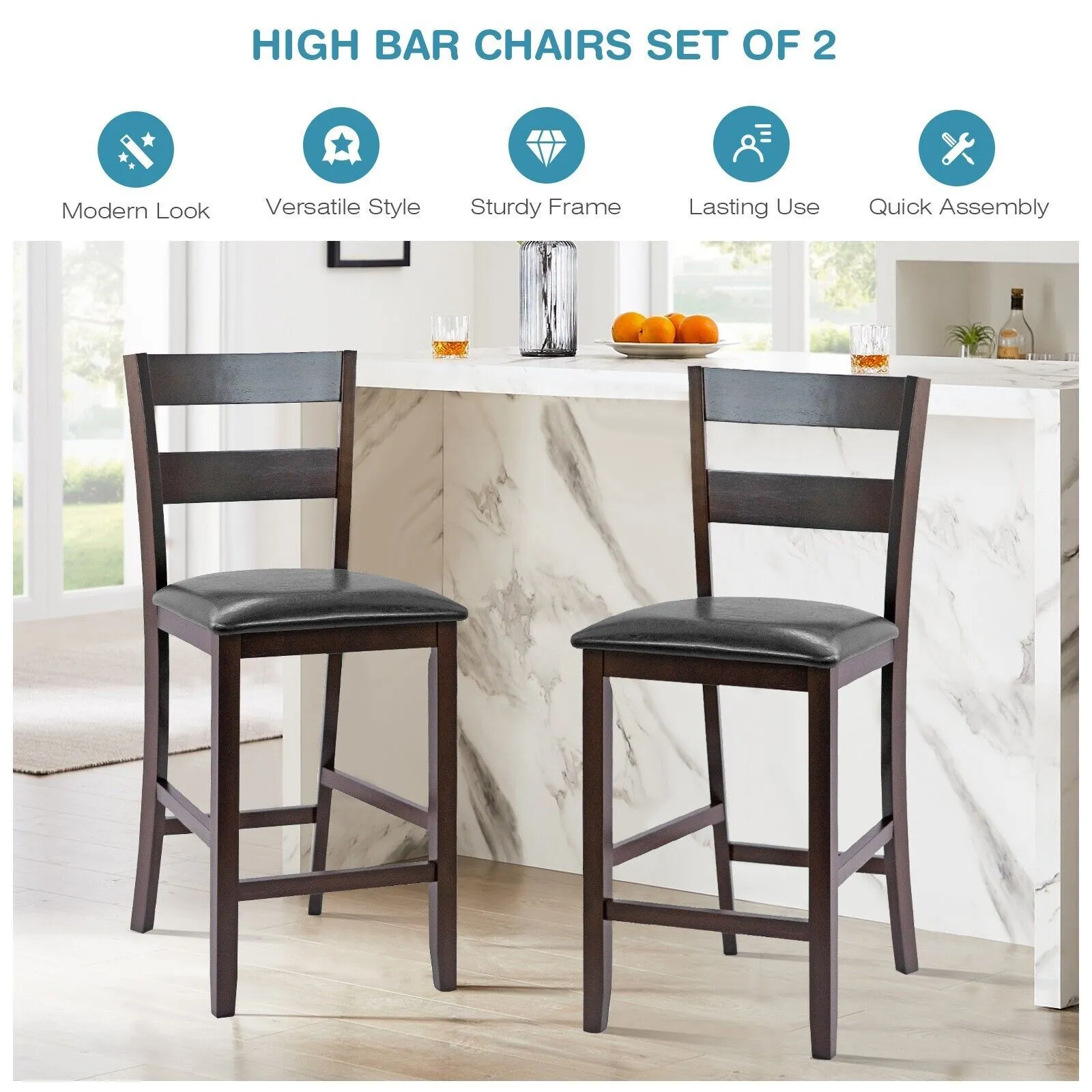 Costway Set of 2 Bar Stools Wood Padded Counter Height Pub Chairs Kitchen Dining Chair in Black 4