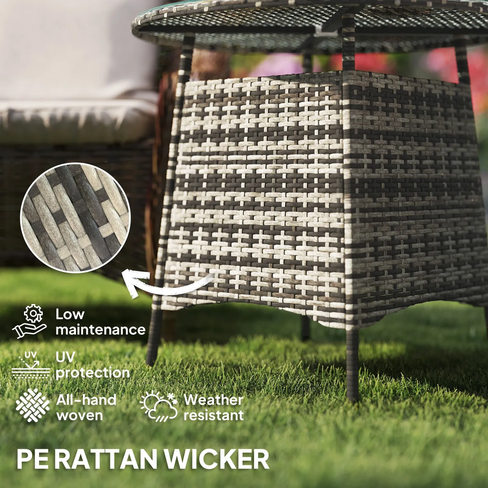 OUTSUNNY Wicker Garden Rattan Table with Umbrella Hole & Tempered Glass Top in Grey 4