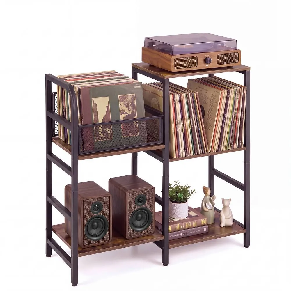 Costway Industrial Turntable Stand with Record Storage Medial Console Rack in Brown
