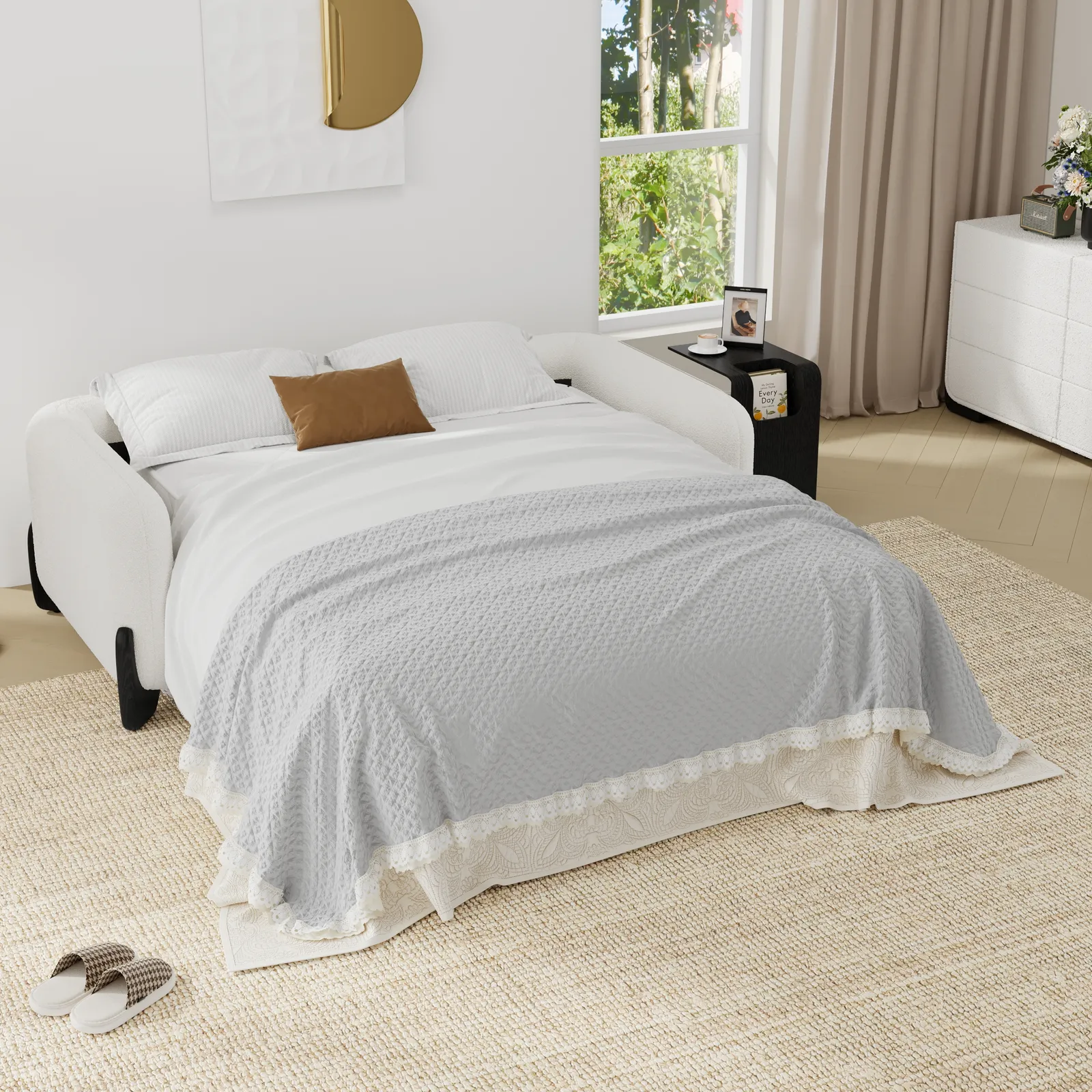 Curva Queen Size 3-Seater Boucle Sofa Bed Pop Up Sleeper Sofa with Mattress