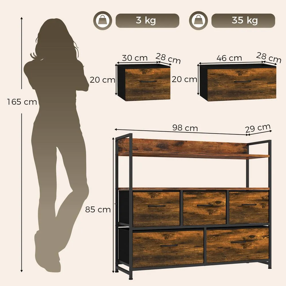 HOMCOM Bedroom Chest of Drawers 5 Drawer Dresser w/ Shelves, Rustic Brown 3