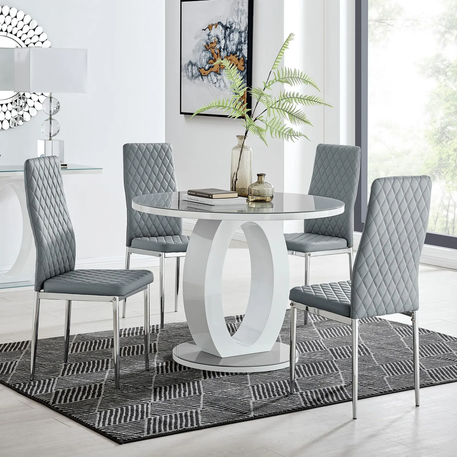 FurnitureboxUK Giovani Round 4 Seat 100cm White High Gloss Halo Base Grey Glass Top Dining Table 4 Soft Faux Leather Silver Leg Milan Chairs 1