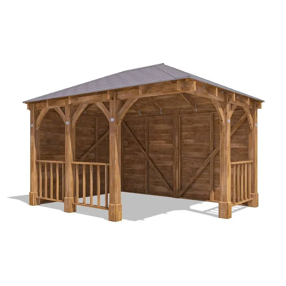 Dunster House Corner Wooden Gazebo 4m x 3m with Roof Shingles - Leviathan in Brown