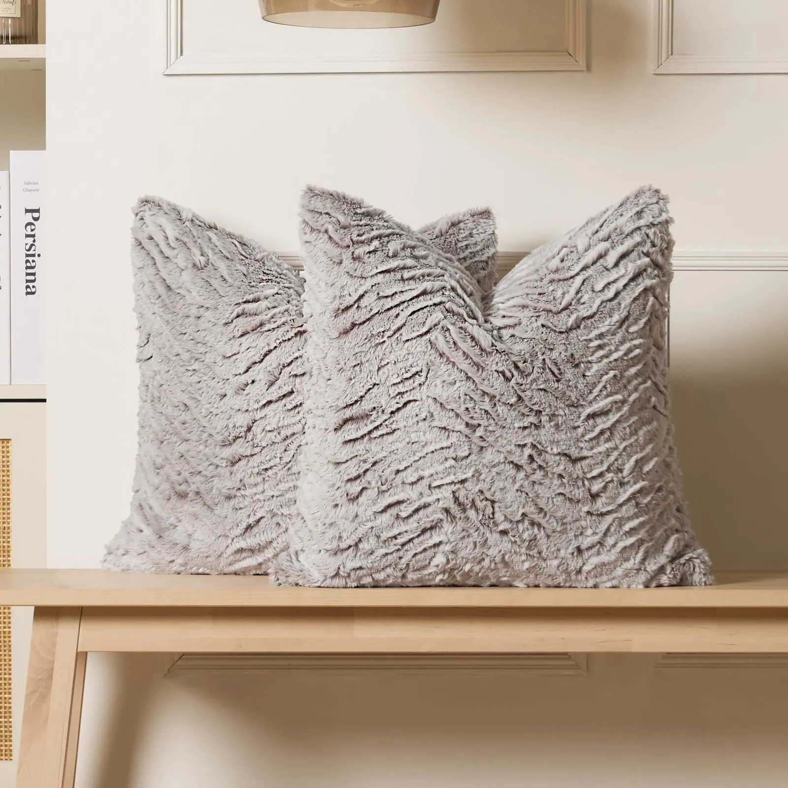 OHS 2 Pack Two Tone Faux Fur Soft Fleece Cushion Covers in Natural