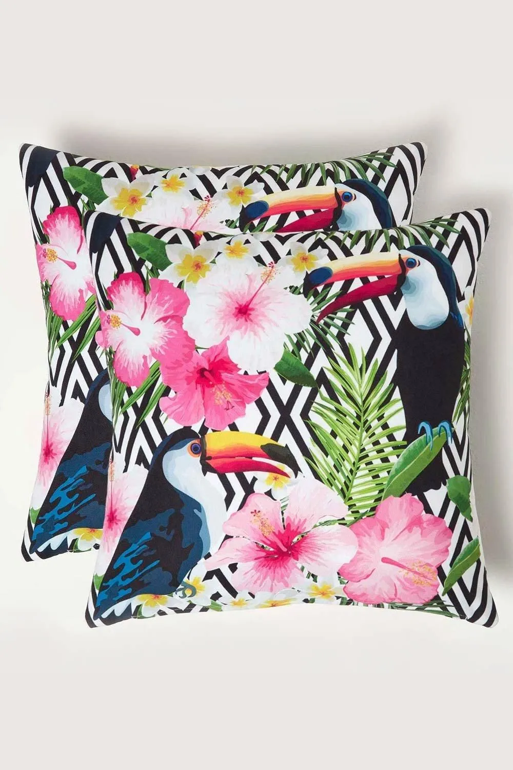 Homescapes Luxury Waterproof Tropical Toucan Outdoor Cushion 45 x 45 cm, Set of 2 in Pink