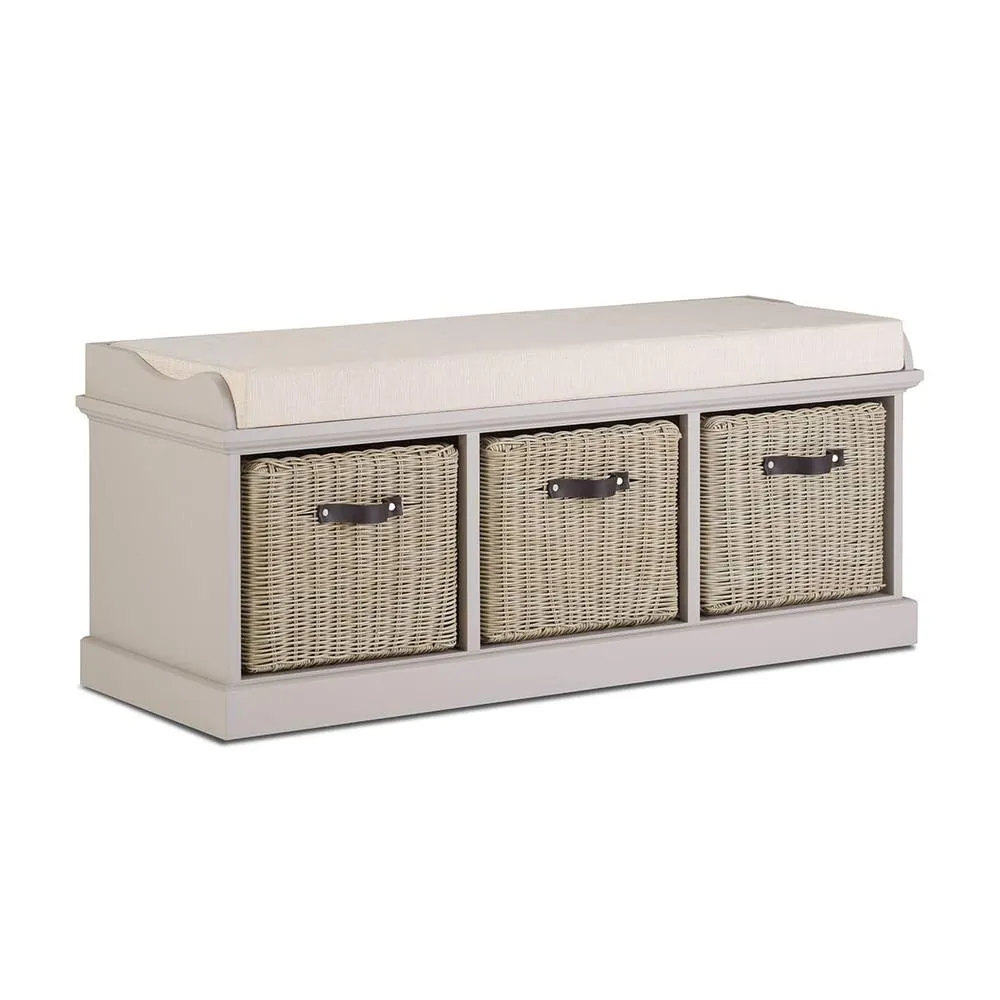 Statement Furniture Tetbury Bench with 3 Brown Faux Rattan Baskets & Cream Cushion in Taupe 2