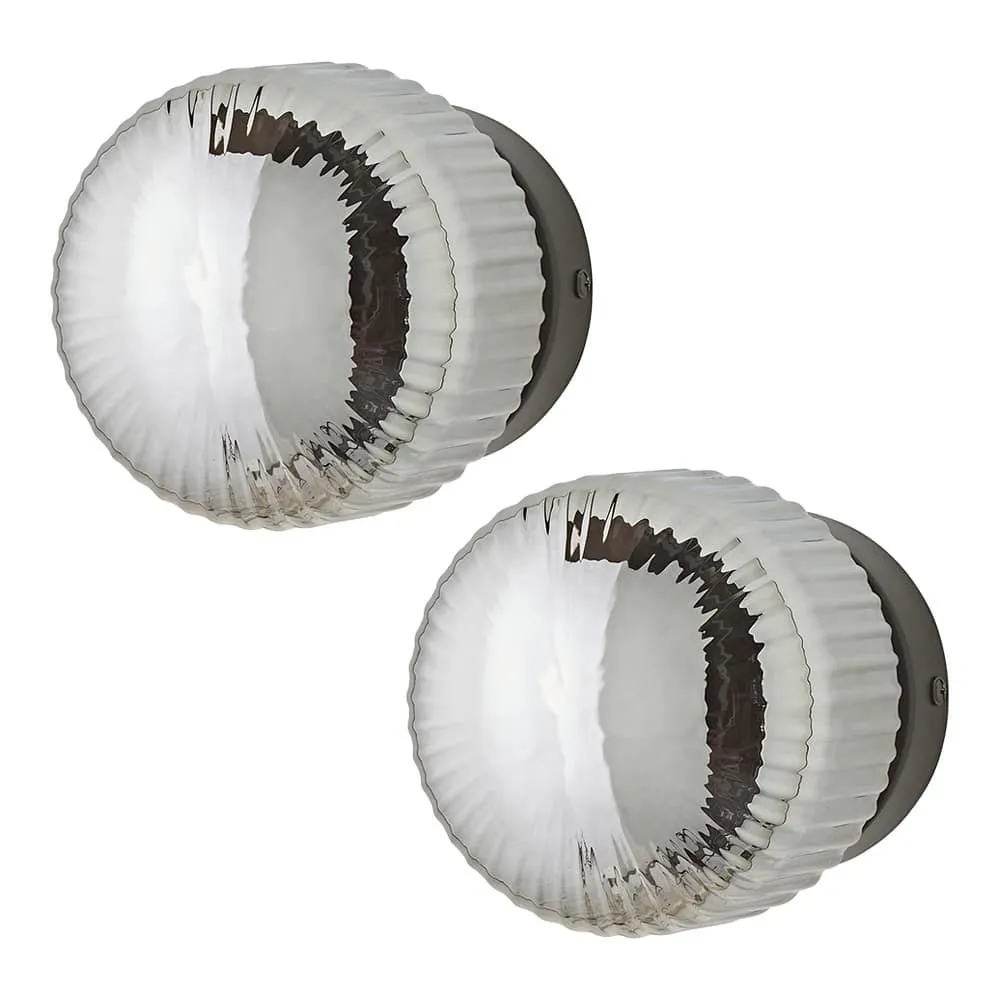 ValueLights Calpe Pair of Small Ribbed Glass Flush Ceiling Wall Lights with Bulbs in Black 1