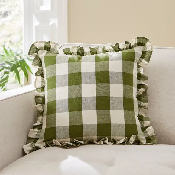 Frilled Check Cushion Olive